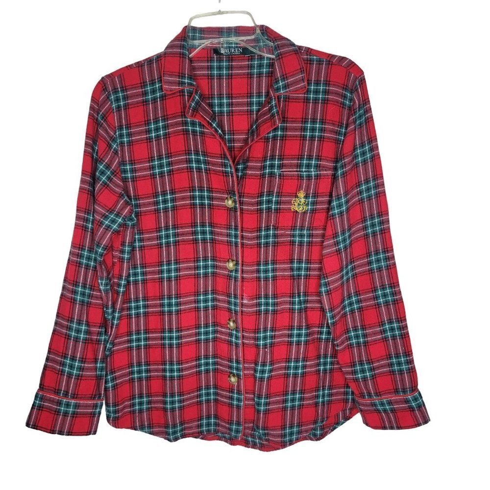 Lauren Ralph Lauren Sz M Red Plaid LS Chest Pocket Insignia Cotton Pajama Top